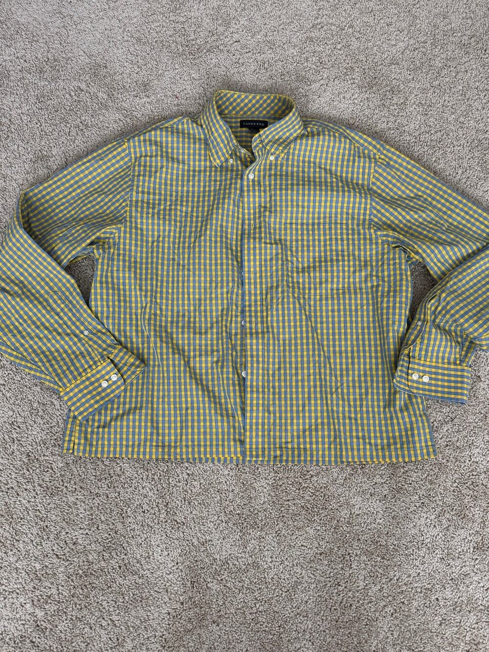 Lands’ End Men’s Blue Yellow Gingham Button Down Shirt Large